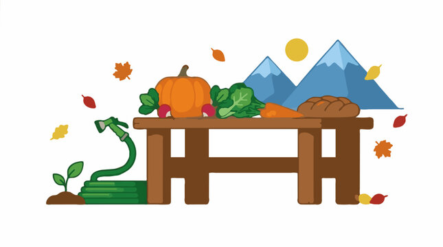 Flat design illustration of farm fresh produce on a wooden table with mountains and sun background, autumn leaves