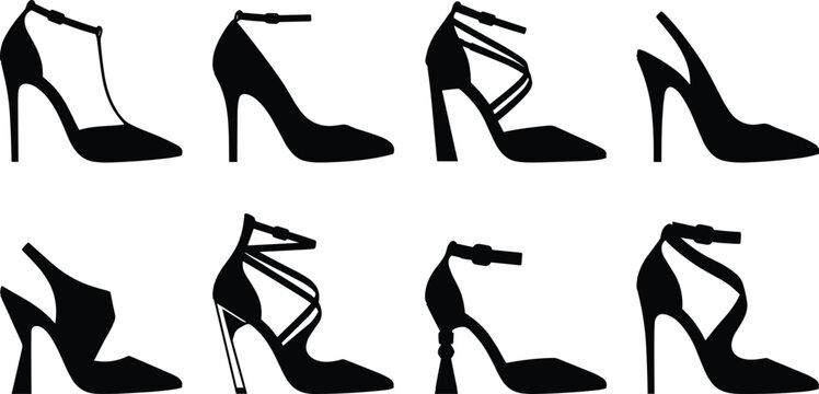 Elegant women high heel shoe silhouette vector icon set featuring stiletto, pump, and strappy fashion footwear.