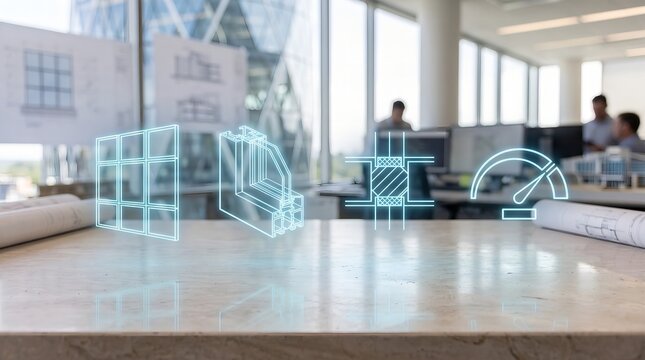 Holographic Architectural Icons Displayed on a Modern Office Desk with Professionals Working in the Background