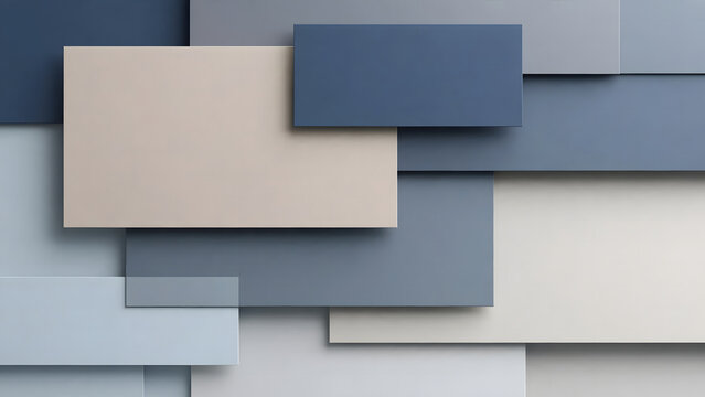 Overlapping rectangular planes create a layered abstract background in shades of blue and beige geometric