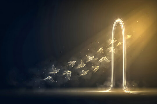 Ethereal glowing birds flying towards a bright golden arched gateway in a dark space with light beams and floating particles of golden dust