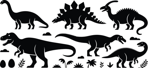 Set of black silhouettes featuring various dinosaurs including at-rex, stegosaurus, and long-necked sauropods, with eggs and plants, isolated on a white background © Narul766
