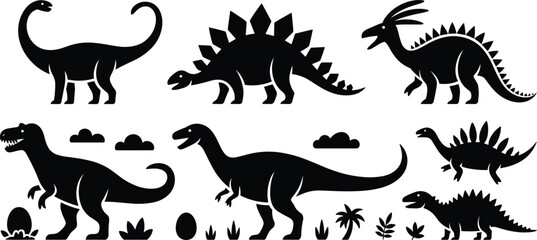 Set of black silhouettes of various dinosaur species including t-rex, stegosaurus, and brachiosaurus with eggs and plants, isolated on a white background © Narul766