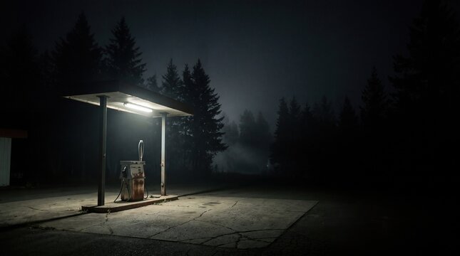 Abandoned vintage gas station glowing in midnight fog