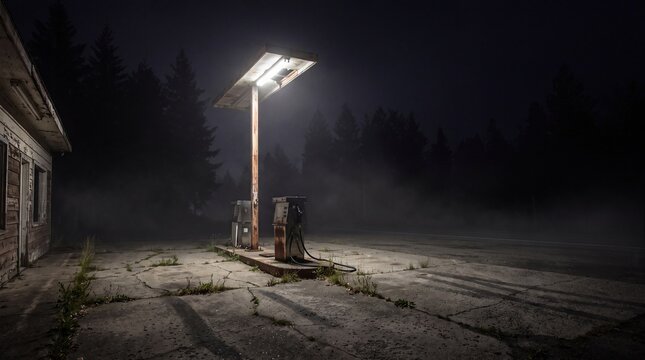 Close view of abandoned vintage gas station glowing in