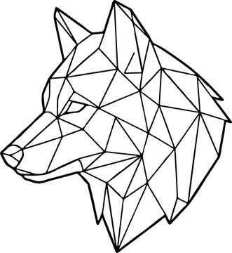 Low poly wolf head illustration, geometric line art, black outline on white background, modern graphic design element