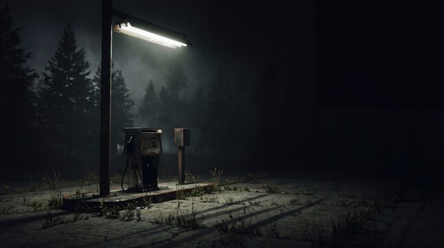Atmospheric abandoned vintage gas station glowing in