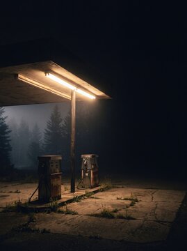 Scenic view of abandoned vintage gas station glowing in