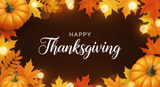 Happy Thanksgiving greeting with pumpkins and autumn leaves on a dark brown background