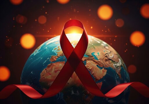 Red ribbon encircling the earth with bokeh lights symbolizing global aids awareness and support
