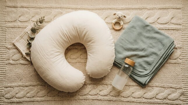 Flat lay of newborn baby essentials featuring a nursing pillow, feeding bottle, and rattle on a cream cable knit blanket
