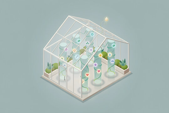 Isometric glass greenhouse structure featuring glowing cylindrical tubes with vine patterns and floating colorful circular in soft light
