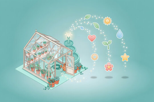 Isometric glass greenhouse with a water fountain and floating glowing of nature and technology on a soft light blue background scene