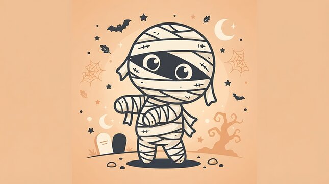 Cute cartoon mummy character with big eyes during Halloween night with bats and crescent moon