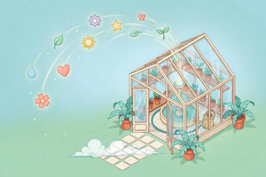 Isometric glass greenhouse with a water fountain and floating glowing of nature and technology on a soft light blue background scene