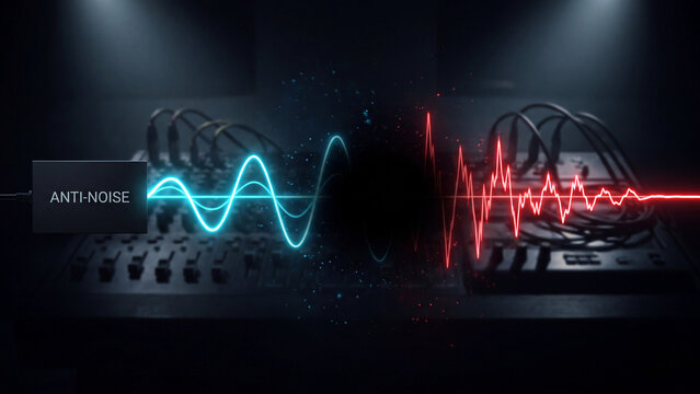 Sound waves of blue active noise cancellation and red ambient noise clash over an audio mixing console in a dark studio setting.