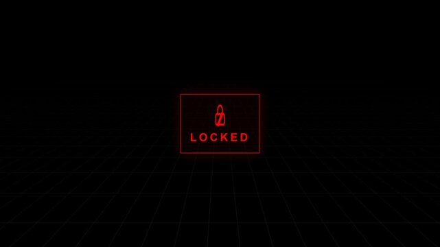 Futuristic red locked system security screen with digital grid and warning interface