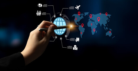 A hand with a stylus designs a global network on a digital screen, highlighting location markers on a world map, showcasing technology and communication themes. Ledger © InfiniteFlow