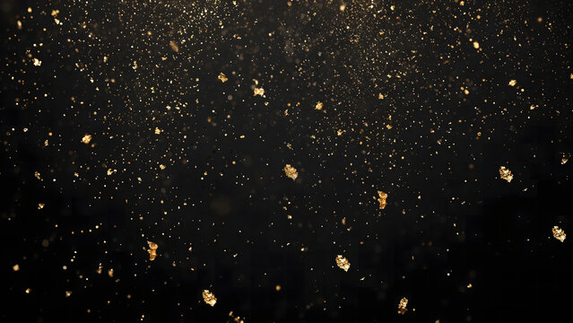 Golden dust particles drift against a matte black background creating a sparkling effect aurora bronze