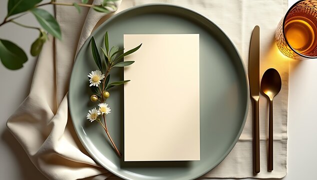 Blank menu card on a gray plate with a small flower branch on a rustic wooden table top view