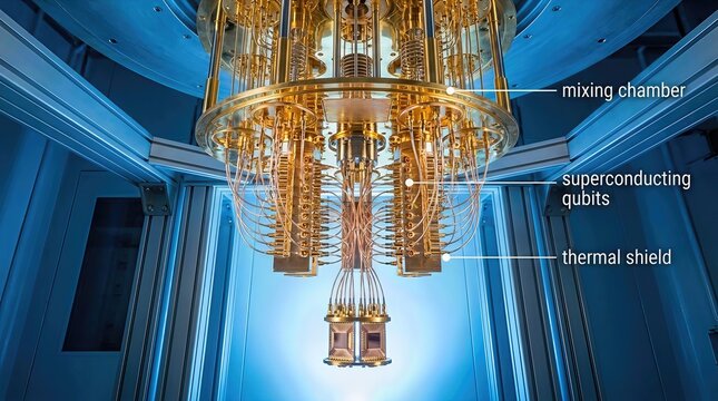 Advanced quantum computing processor, sophisticated laboratory infrastructure system, intricate superconducting hardware, next generation quantum technology, complex data engineering.