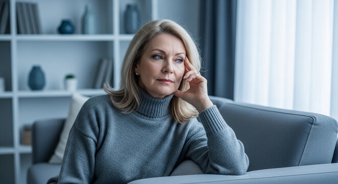 Mature woman with blonde hair, wearing a gray turtleneck sweater, looking thoughtfully sideways, symbolizing contemplation and introspection