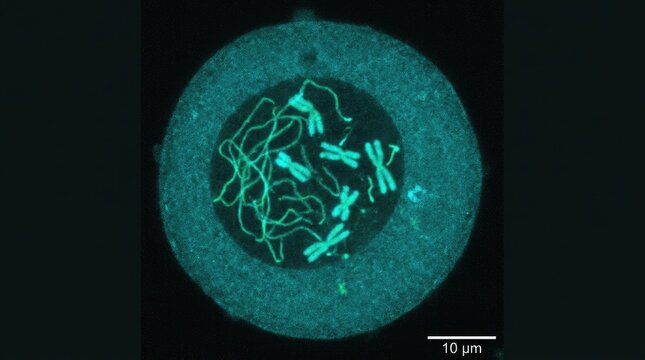 Cell division demonstrating chromosome structure inside nucleus, fluorescent microscopic view of genetic material at prophase stage with scale bar, biological specimen membrane.
