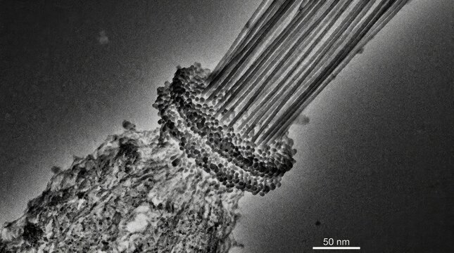 Microtubule bundle attachment to kinetochore ring, demonstrating mitotic spindle function during chromosome segregation, high resolution transmission electron microscopy of cell division.