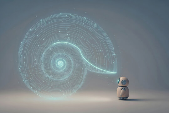 Small cute robot standing in front of a giant glowing blue spiral shell made of digital circuit board lines against a plain grey background