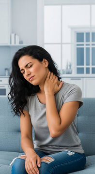 Woman with black hair rubbing her neck in pain, sitting on a sofa, symbolizing discomfort, pain, and injury