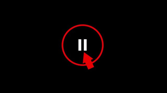 Cursor arrow clicking play and pause button motion graphic with alpha channel. minimalist white media player user interface controller on black background 4k motion ...