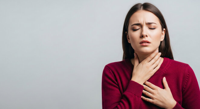 Woman with closed eyes and hand on throat, displaying discomfort or pain, indicative of a sore throat or illness, with free space for text or graphic elements.