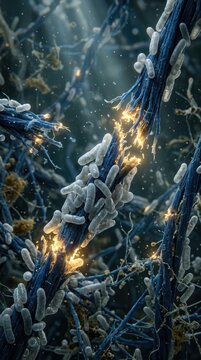 Synthetic microfiber digestion, Ideonella sakaiensis bacterium colonies colonizing polyester thread, enzymatic biofilm breaking polymer matrix into soluble monomers, microscopic bioremediation.