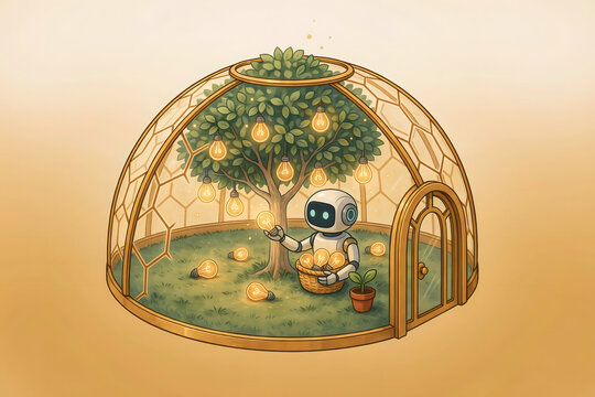 Small robot inside a glass geodesic dome greenhouse, holding a basket and tending to a tree with glowing light bulbs on its branches