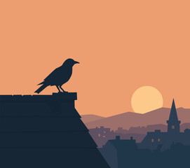 Obraz premium Crow Silhouette Perched on a Rooftop at Sunset Vector