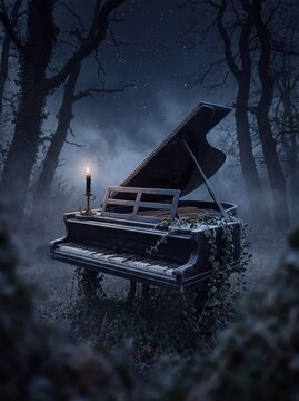 Weathered vintage piano decaying in sunlit forest glade view