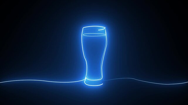 A glowing blue neon beer glass outline on a dark black background