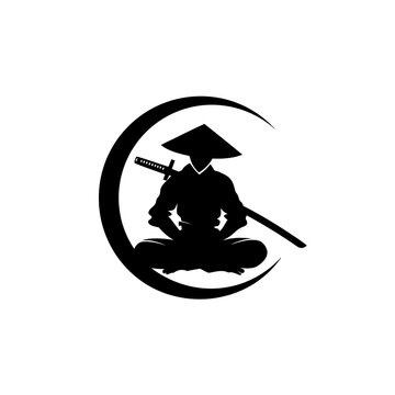 Zen warrior silhouette sitting with sword in circle silhouette meditation
