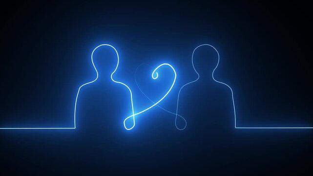 Two people silhouettes connected by a glowing neon heart shape on a dark background
