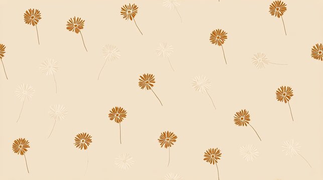 Seamless delicate pattern with dried dandelion seed heads and thin stems on a warm cream background, soft botanical illustration and neutral surface design