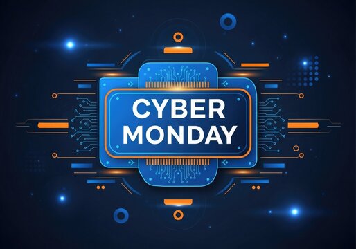 Cyber Monday promotional banner with futuristic circuit board design and glowing neon effects