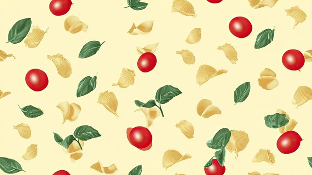 Seamless food pattern with red tomatoes, pasta pieces and green basil leaves on a pale cream background, Italian cuisine illustration and playful surface design