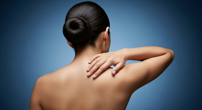 Close-up of a woman's bare back and shoulder with hand touching neck, suggesting relaxation and self-care against a gradient blue backdrop