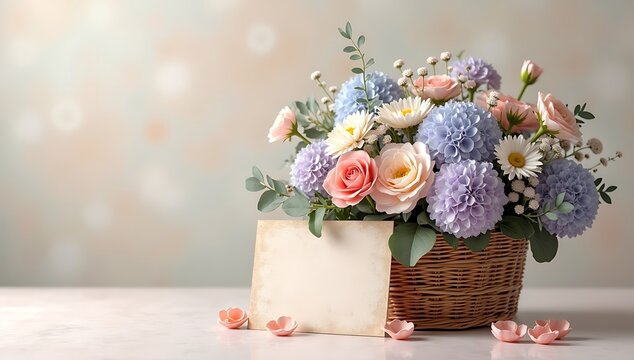Beautiful flower bouquet in a woven basket with a blank card for message on a table surface