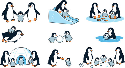 Obraz premium Cute Penguin Family and Baby Penguins Winter Activities Concept Vector Illustration Featuring Igloos, Ice Slides, and Snow