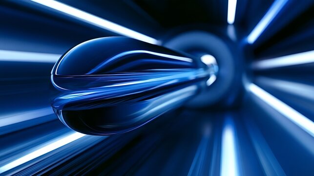 Blue streamlined pod moving at high velocity inside a modern magnetic levitation tunnel, representing future technology and ultra fast travel concepts