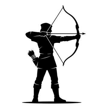 Archer silhouette aiming a bow and arrow, focused on target, symbolizing precision, skill, and competitive archery sport.