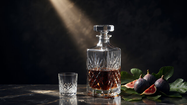 Crystal whiskey decanter and glass with fresh figs on a dark marble surface with dramatic lighting