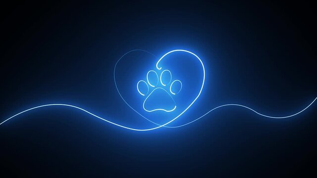 Glowing blue neon paw print inside a heart shape on a dark background