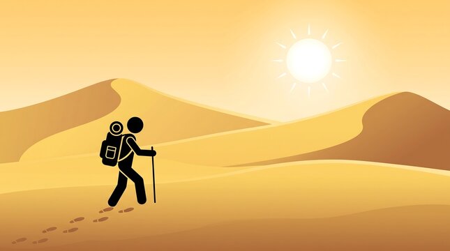 Minimalist desert hiker silhouette, lone traveler walking through sand dunes, warm golden sunset landscape with sun and backpacker
